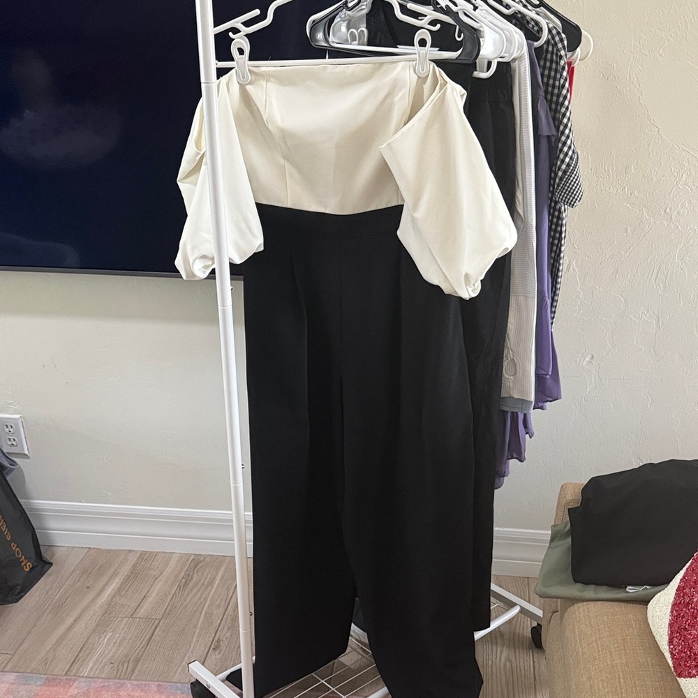 Eliza J Strapless Jumpsuit in Ivory and Black with puffed sleeves